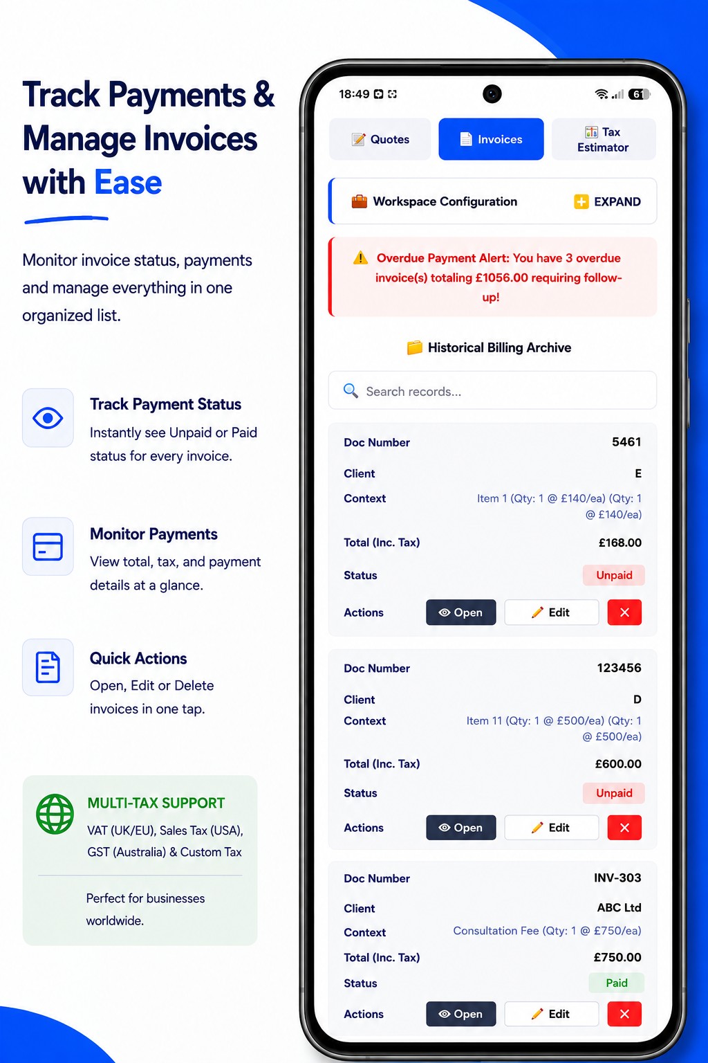 SoloQit invoice management screen