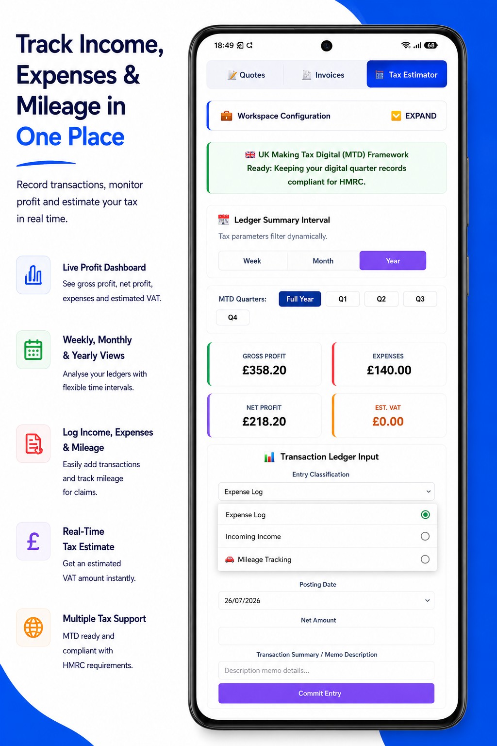 SoloQit tax ledger and estimator screen
