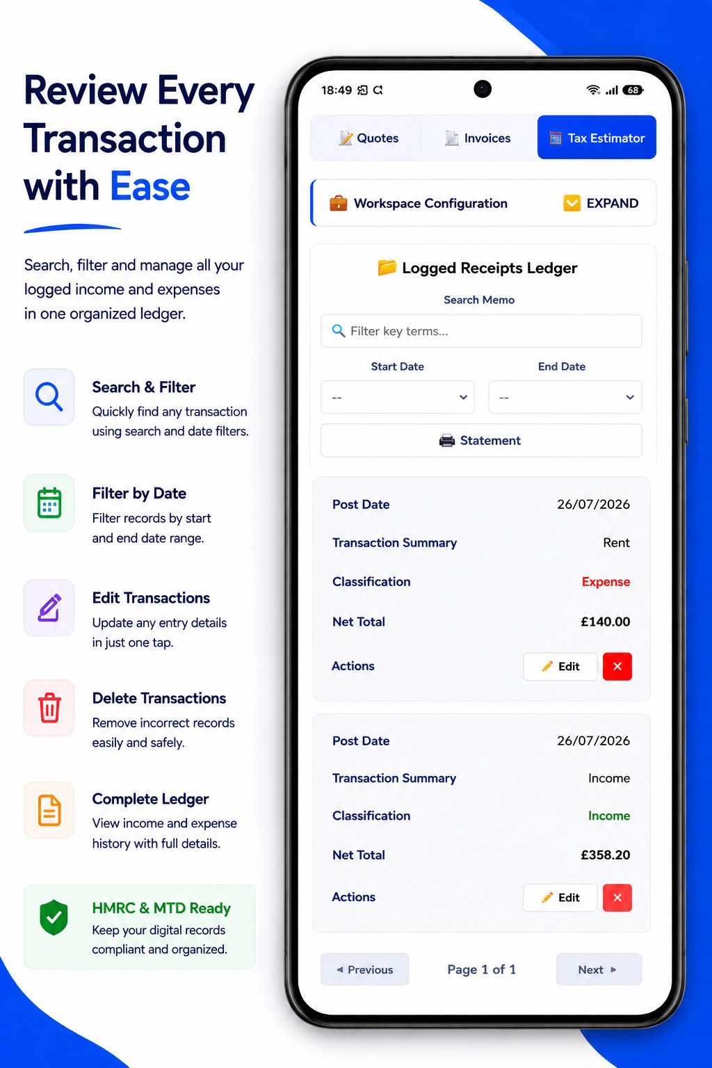 SoloQit transaction ledger screen